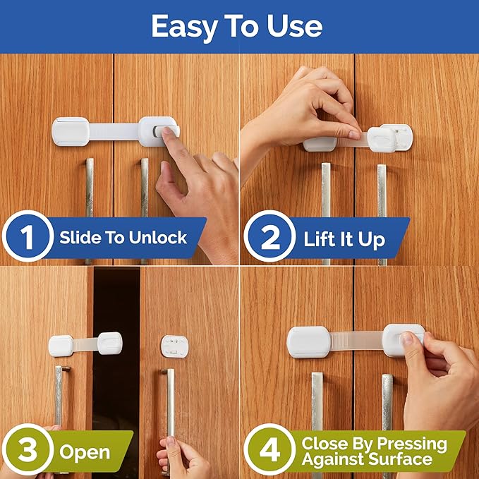 Child Safety Strap Locks (8 Pack) Baby Locks for Cabinets and Drawers, Toilet, Fridge & More. 3M Adhesive Pads. Easy Installation, No Drilling Required, White