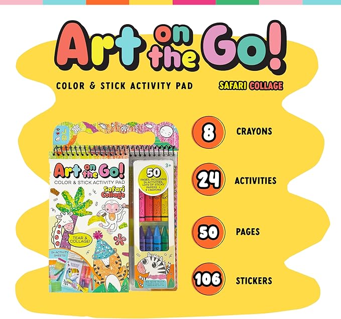 Bright Stripes Art on The Go Collage Fun Jungle Theme Travel Kit for Kids Ages 3+| Mess-Free Activity with Crayons, Stickers & Coloring Book | Tear & Collage | Portable Set for Toddler & Preschooler