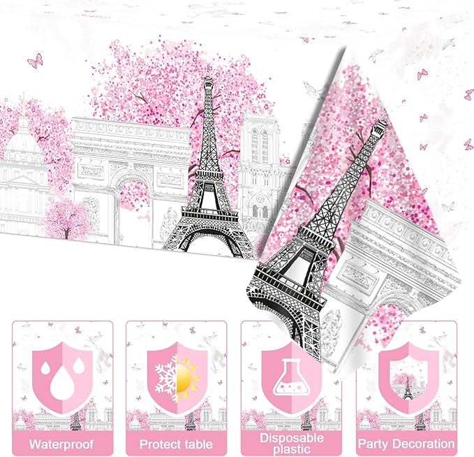 ZOIIWA Paris Themed Party Decorations Eiffel Tower Birthday Paper Plates and Napkins Tableware Set Pink Disposable Tablecloth for Baby Shower Decor Paris Party Supplies