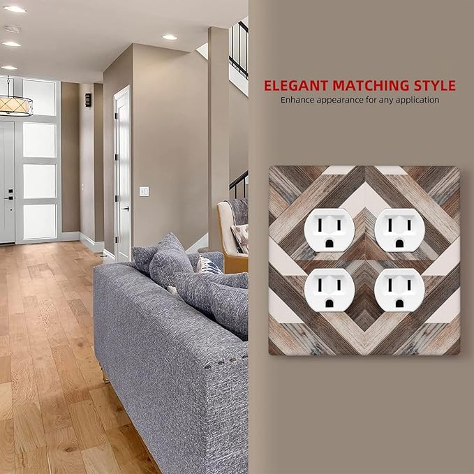 Polygon Collage Abstract Shapes Rustic Wood Panel Print Outlet Covers 2 Gang Double Duplex Decorative Light Switch Covers Electrical Wallplates Socket Faceplate for Farmhouse Bedroom Decor
