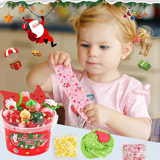 Watermelon Red Slime Kit, Clear Slime Bucket with Clay, 10 Packs of Add-ins, Slimes Party Favors for Kids, Sensory Toys Slimes Kit Birthday Easter Hallowmas for Girls & Boys Ages 8-12