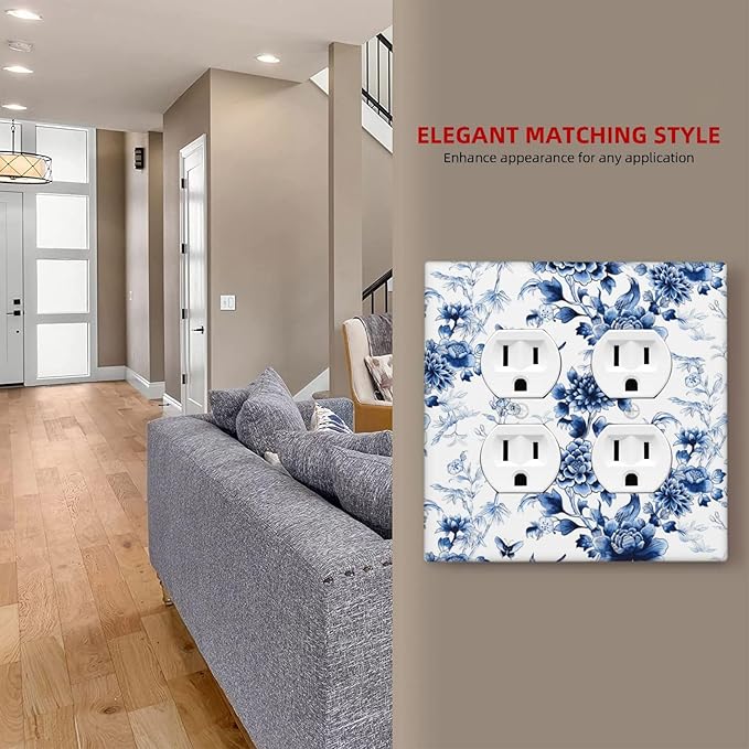 Blue Flower White Floral Plant Bird Butterfly Outlet Covers 2 Gang Double Duplex Decorative Light Switch Covers Electrical Wallplates Socket Faceplate for Bedroom Living Room Decor