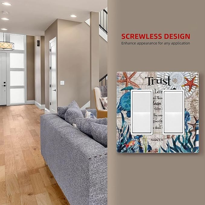 2 Gang Electrical Decora/GFCI Device Wallplate Nautical Map Turqoise Teal Blue Anchor Seahorse Starfish Sea Ocean Turtle Beach Double Decorator Rocker Outlet Light Switch Cover Electric Faceplate