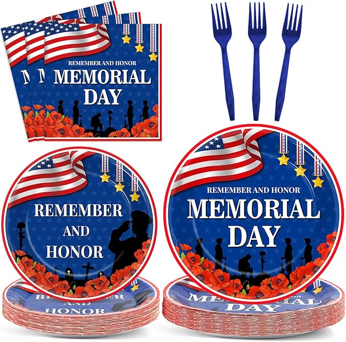 96Pcs Memorial Day Plates and Napkins for Remember and Honor Soldier Party Supplies Thank You Soldiers Dessert Plates Veterans Day Tableware Set for 24 Guests 4th of July Party Decorations