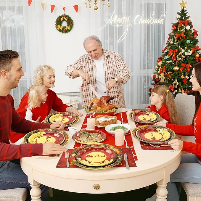 72PCS Christmas Plates and Napkins for Party Decorations, Set of 24 Merry Christmas Disposable Tableware Supplies, Red Gold Christma Tree Paper Plates for Xmas Party