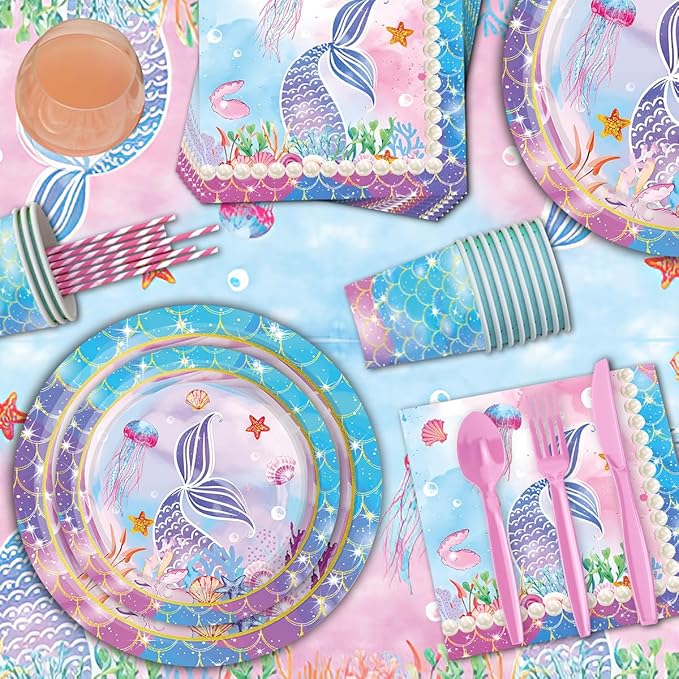 Mermaid Birthday Decorations Disposable Tableware Plates for Baby Shower,Under The Sea Party Supplies Plates,Blue Tableware with Cups,Tablecloth,Banner for Kids Girls,Serve 24