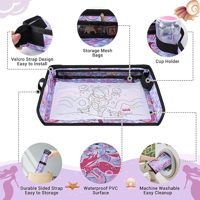 COOLBEBE Airplane Tray Table Cover Foldable Travel Tray Cover for Toddlers 1-3 Universal Fit for Airplane, Car Seat, High Chair Machine Washable, Mermaid