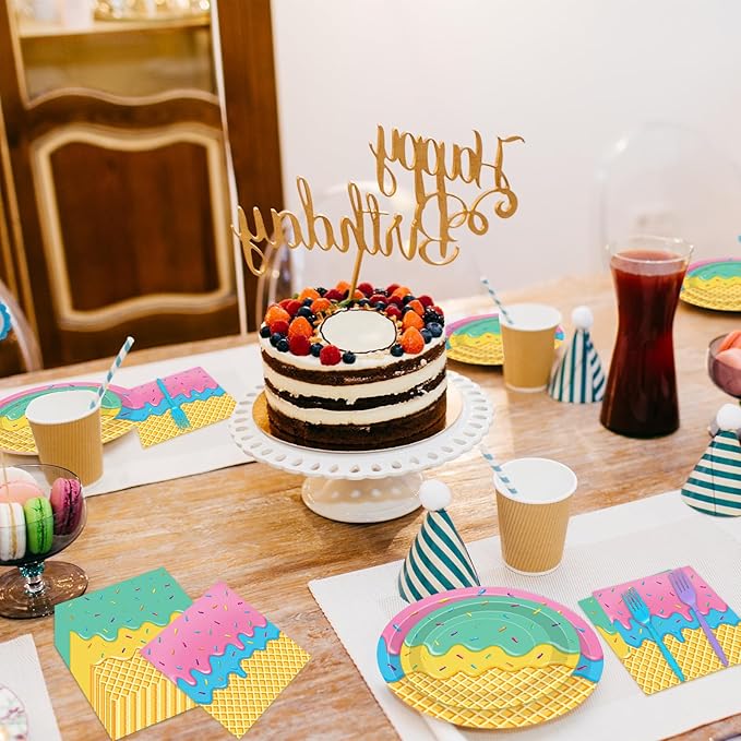 100 Pcs Ice Cream Cone Party Supplies Set, Serves 25 – Disposable Paper Plates, Napkins, and Colorful Forks, Ice Cream Themed Tableware for Kids Birthday, Summer, Sweet Shop, Dessert Party Decorations