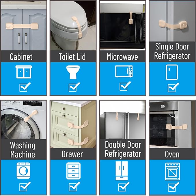 Bate- Child Safety Strap Locks, 12 Pack, Baby Locks for Cabinets, Drawers, Kitchen, Toilet, Furniture, Fridge, Multi-Purpose, Easy Install with Quick 3M Adhesive for Childproofing