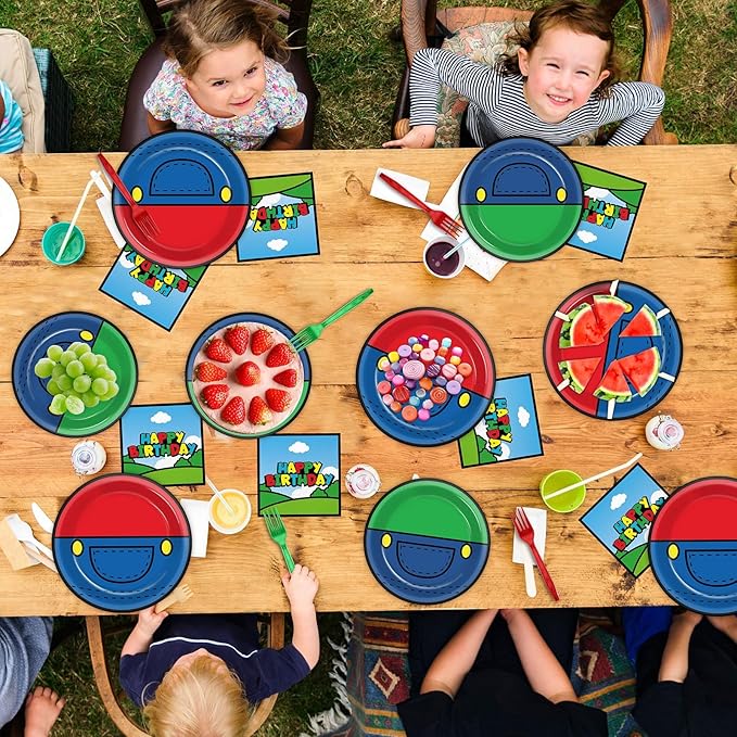 96 Pcs Super Theme Brother Birthday Party Plates and Napkins Brothers Theme Decorations Gamer Birthday Supplies Super Video Games Paper Dessert Plates Tableware Set for Kids Baby Shower 24 Guests