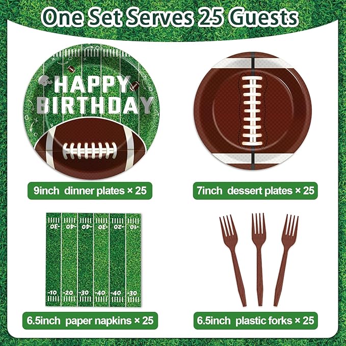 100 Pcs Football Party Supplies Set Football Birthday Plates and Napkins Sports Party Tableware Packs Decorations Sports Disposable Paper Plates Napkins Forks Serve 25