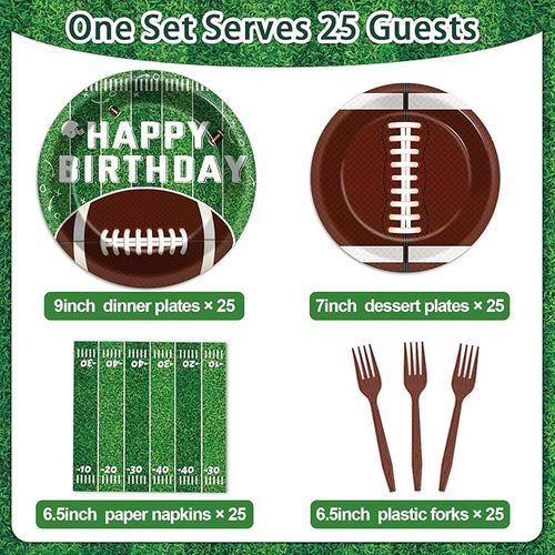 100 Pcs Football Party Supplies Set Football Birthday Plates and Napkins Sports Party Tableware Packs Decorations Sports Disposable Paper Plates Napkins Forks Serve 25