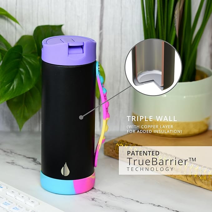 Elemental Iconic Kids Water Bottle for School - 100% Leak-Proof Insulated Water Bottles with Straw Lid & Pop-It Handle for Boys & Girls - Triple-Wall Insulated & BPA-Free, 14oz – Black Tie Dye