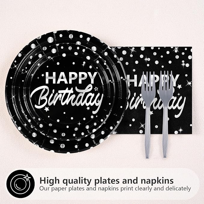Grencian 96Pcs Black and Silver Birthday Party Decorations Silver Polka Dots on Black Paper Plates and Napkins Disposable Tableware for Women Men Birthday Party Graduation Decorations 2026 Serve 24