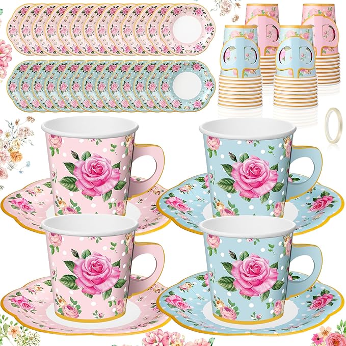 Umigy 36 Sets Mother's Day Tea Party Decorations 9 oz Floral Paper Teacups & Saucer Set for Girls Women Tea Parties Mothers Day Bridal Shower Wedding Birthday Party Decorations(Blue Pink)