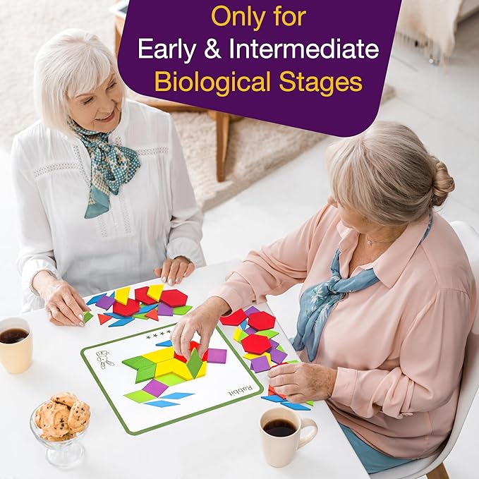 Memory Care Activities for Seniors, Wooden Cognitive Games for Elderly, 80 Pieces Tangram Puzzles for Alzheimer and Dementia Patients, Large Wooden Colorful Shape Pattern Matching Board Gifts (Easy)