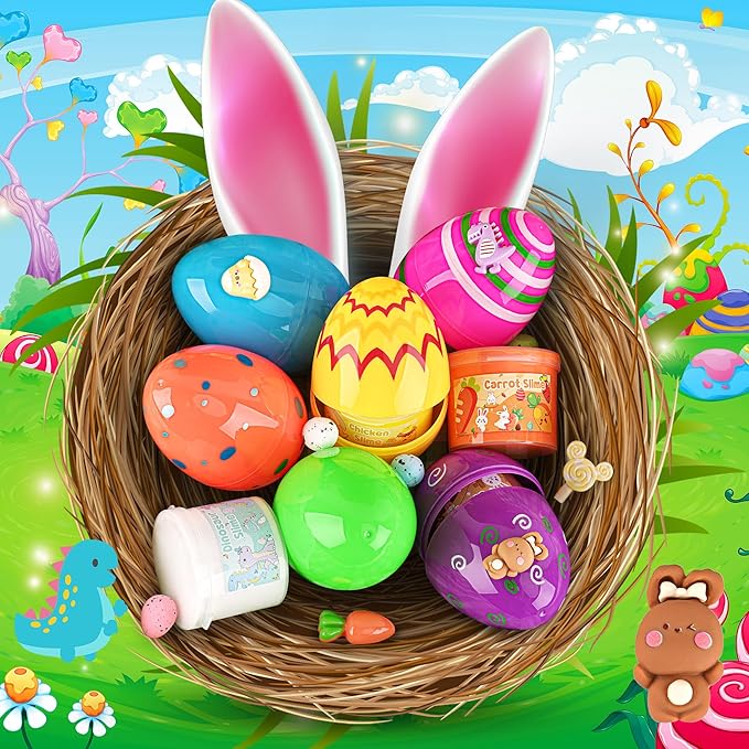LAWOHO Butter Slime Kit Easter Basket Stuffers - 6 Prefilled Easter Eggs with Butter Slime & Cute Slimes Add-ins, Soft & Non Stick Fluffy Slimes for Birthday Party Favors for Girls & Boys Egg Fillers