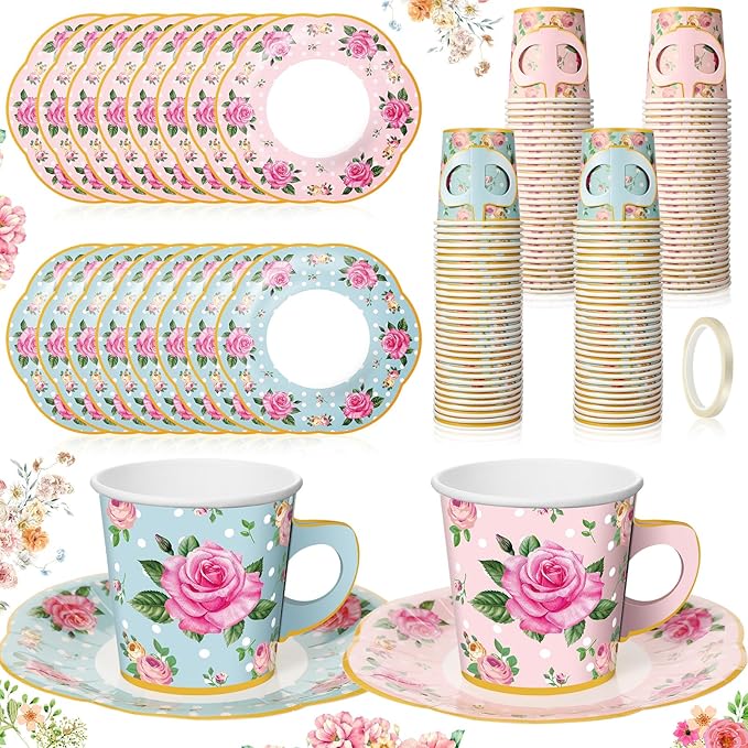 Umigy 36 Sets Mother's Day Tea Party Decorations 6.5 oz Floral Paper Teacups & Saucer Set for Girls Women Tea Parties Mothers Day Bridal Shower Wedding Birthday Party Decorations(Blue Pink)
