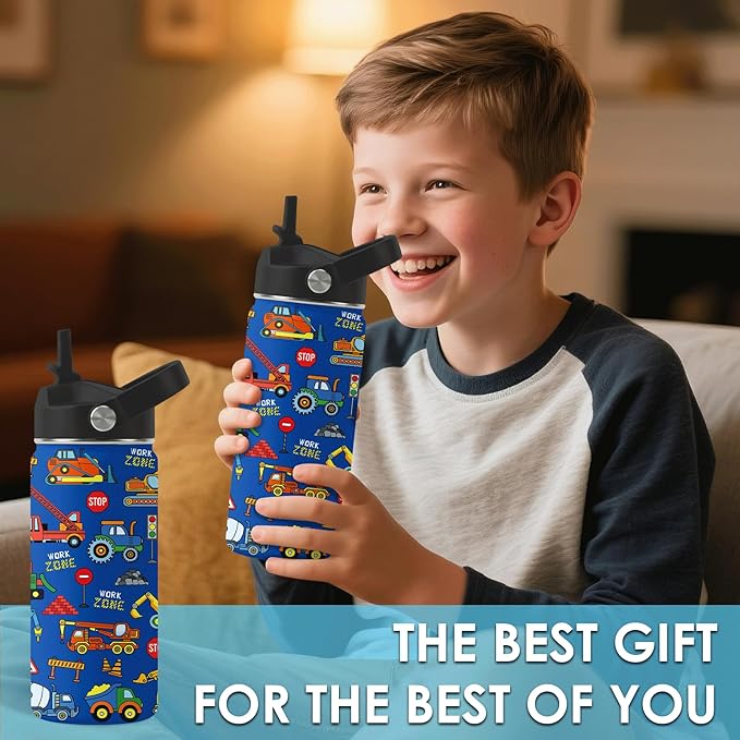 Construction Gifts for Men & Women - 16 Oz Water Bottle with Straw Lid, Stainless Steel Insulated Tumbler, Leak Proof, BPA-Free, for Boys, Travel - Truck Lovers Teen Birthday Gifts Cups(1pc)