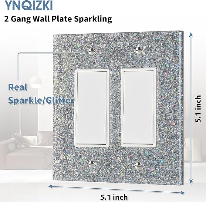 2-Gang Light Switch Cover Plate - Shiny Deep Silver Mirror Finish,5.1"x5.1",Sparkling Design for Outlet or Double Rocker Switch