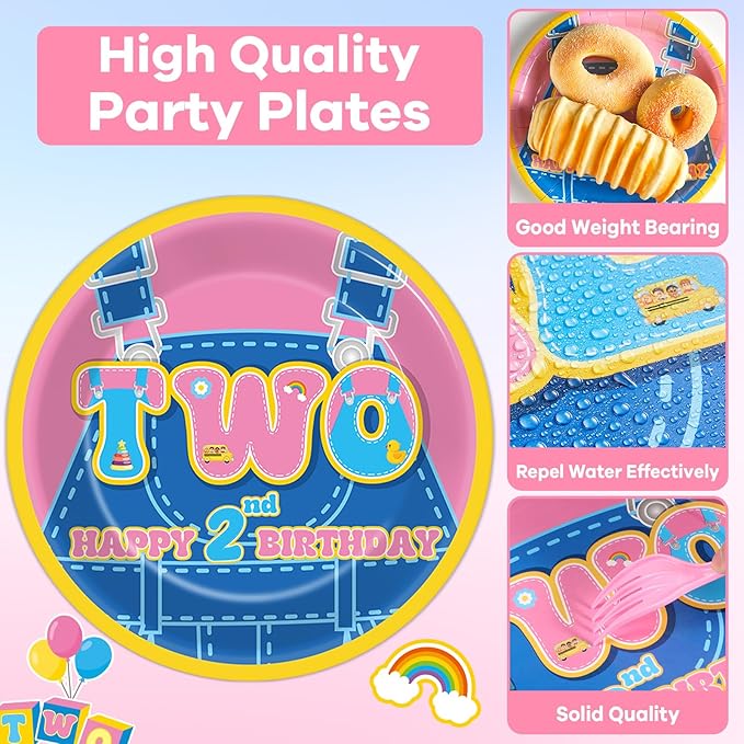 96Pcs Cartoon Girls 2nd Birthday Party Plates and Napkins Cartoon Teacher Paper Disposable Dessert Plates English Teacher Two Year Old Tableware Set for Girls Second Birthday Supplies Serves 24 Guests