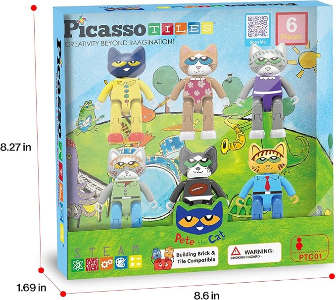 PicassoTiles 6pcs Pete the Cat Magnetic Figures Family Animal Action Character Toddler Toys Magnet Expansion Pack Building Blocks Add-on Educational STEM Learning Kit Construction Brain Tiles PTC01