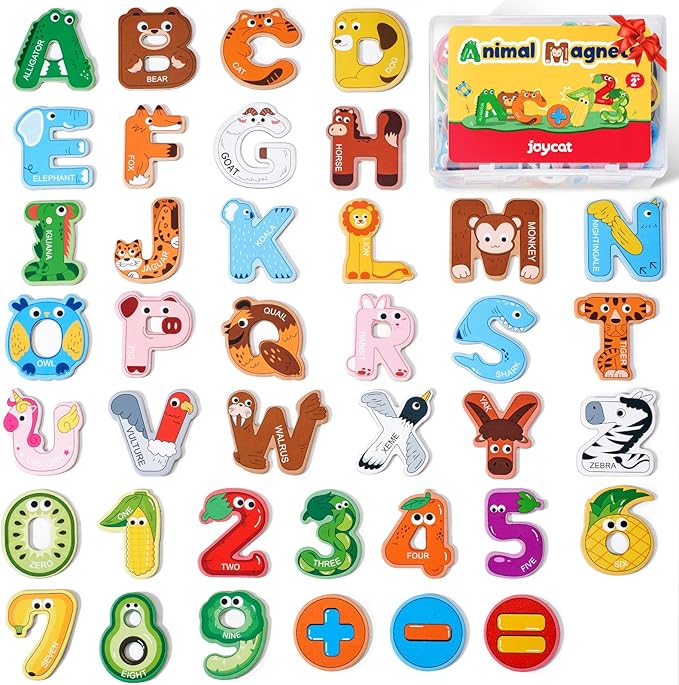 JoyCat Wooden Thick Alphabet Magnets for Toddlers Fridge Large Size Cute Animal Colorful ABC Magnetic Letters 26 Uppercase Letters 0-9 Numbers Toy Set for Kids Toddlers Preschool Learning Spelling