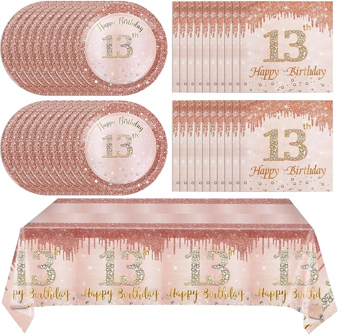 41Pcs 13th Birthday Party Decorations for Girls, Rose Gold Party Supplies Include 20 Plates 20 Napkins and 1 Pcs Tablecloth, Sweet Thirteen Year Old Birthday Party Tableware for Girls Kids Children