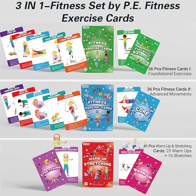 Kids Exercise Cards - 113 Fun PE Flash Cards for Kids & Teens, Workout Activities for Beginners at School and Family, Mindful Sensory Play Activities, Self Regulation Classroom Therapy, Brain Breaks
