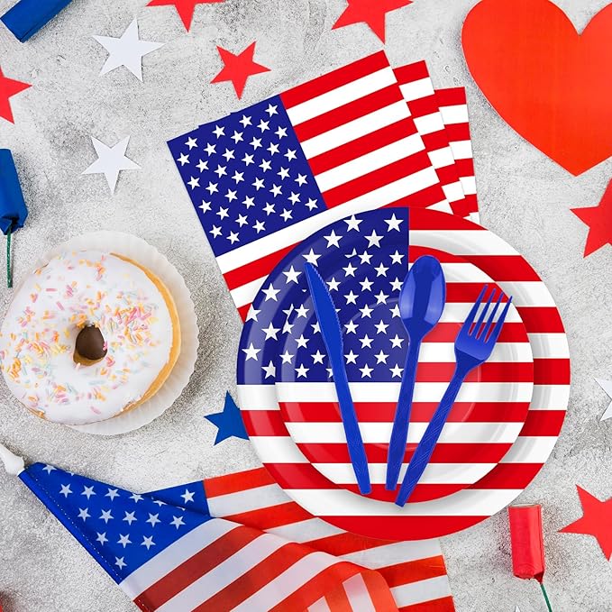 175 Pcs USA Flag Tableware Set - Serves 25, Patriotic American Flag Disposable Plates, Cups, Napkins, Forks, Spoons, Knives for 4th of July, Memorial Day, Veterans Day, Independence Day Party Supplies