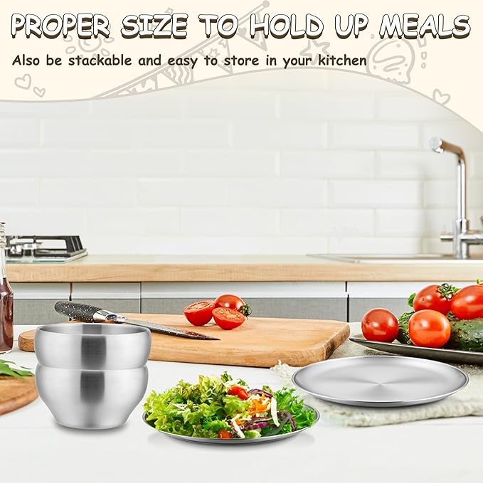 HaWare Kids Plates and Bowls, 12 Pieces Stainless Steel Dish Set, Reusable Dinnerware for Camping, Hiking, Travel, Picnic, Non-toxic Tableware set for Kids Self-feeding, Dishwasher Safe