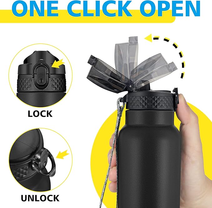 Han's Bottle Sports Water Bottle - 32 Oz, Straw Lid, Leak Proof, Vacuum Insulated Stainless Steel, Double Walled, Thermo Mug,Black