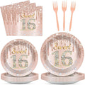 96PCS Rose Gold Sweet 16th Birthday Party Paper Plates and Napkins Sixteenth Birthday Party Decoration 16 Years Old Disposable Cake Dessert Tableware Set Serves 24 Guests Girls Ladies Supplies Favor
