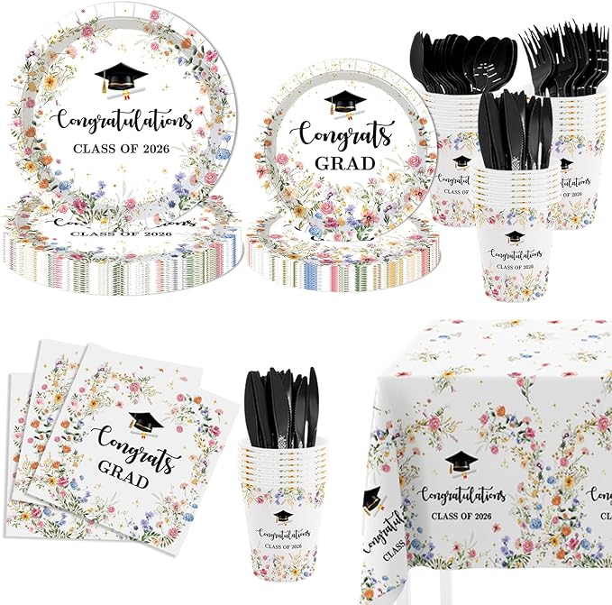 MEHOFOND 169pcs Wildflower Graduation Disposable Plates Napkins Cups Tablecloth Set Floral Congrats Grad Disposable Tableware Set for 24 for Class of 2026 Graduation Decorations
