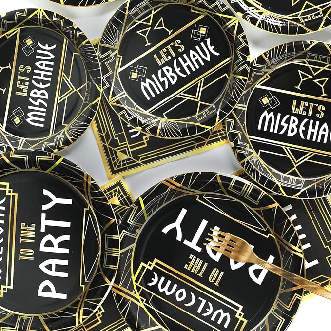 100 Pcs Roaring 1920s Party Decorations, Speakeasy Misbehave Black Gold Birthday Party Decors Art Décor Retro Murder Mystery Party Supplies for 1920s Vintage Flapper Wedding Supplies Serve 25