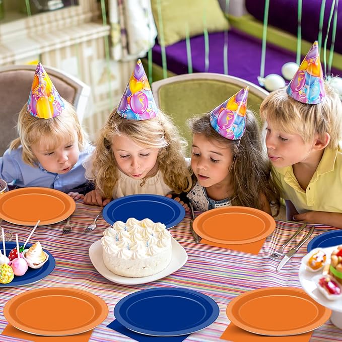 48Pcs Orange and Blue Paper Plates and Napkins Blue and Orange Party Decorations Dart War Birthday Party Supplies Colorful Disposable Tableware for Baby Shower Birthday Boys Girls Graduation Serves 24