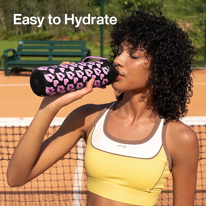 ENCOOL Valentine's Day Insulated Water Bottle with Straw Stainless Steel Water Bottle, Leak-Proof, BPA-Free, Keeps Cold for 24 Hours for Sports, Travel, School (26 oz, Kiss Love Violet x Black)
