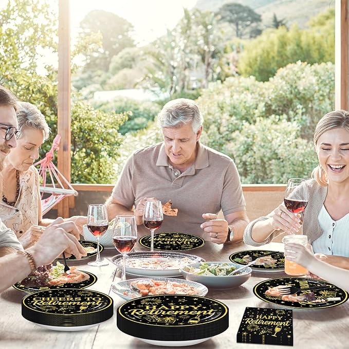 100 Pcs Happy Retirement Tableware Party Supplies Set, Serves 25 – Disposable Black and Gold Paper Plates, Napkins, and Forks, Cheers to Retirement Dinnerware Party Decorations