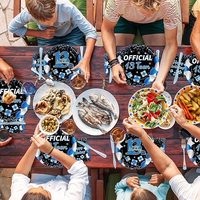 100 Pcs 13th Birthday Decorations for Boys Official Teen 13th Supplies Plates Napkins Forks Set Disposable Blue 13th Birthday Tableware Paper Plates Dinnerware for Kids Teenager Favors Serve 25