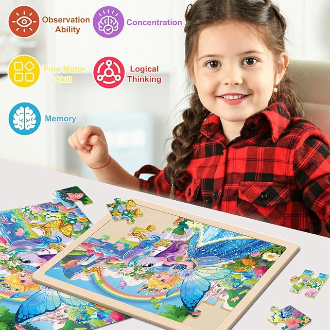 Puzzles for Kids Ages 4-6, 4 Packs 24 Pcs Unicorn Princess Mermaid Wooden Jigsaw Puzzles, Preschool Educational Puzzles Toys Gifts for Girls 3 4 5 6 Years Old