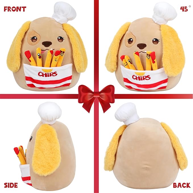 Hopearl Cute Chef Dog Plush Toy with Chips, Adorable Pillow Stuffed Animal, Smooth Plushies Pillow Gift, Soft Toy for Kids