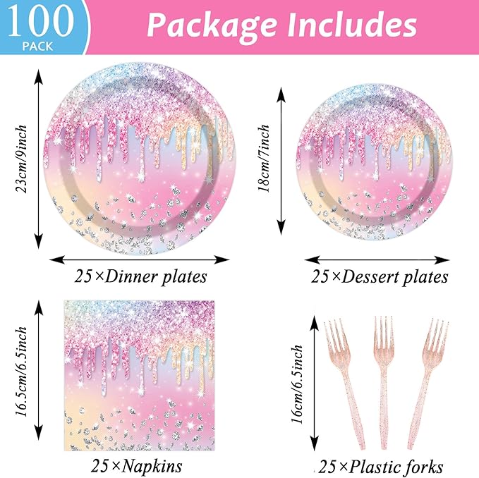 100PCS Iridescent Diamond Birthday Party Plates Napkins Forks Supplies Set Holographic Tableware Party Supplies Gem Stone Dinnerware Decorations Favors for Girls Kids Birthday Serves 25