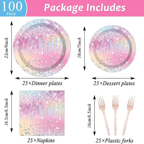 100PCS Iridescent Diamond Birthday Party Plates Napkins Forks Supplies Set Holographic Tableware Party Supplies Gem Stone Dinnerware Decorations Favors for Girls Kids Birthday Serves 25