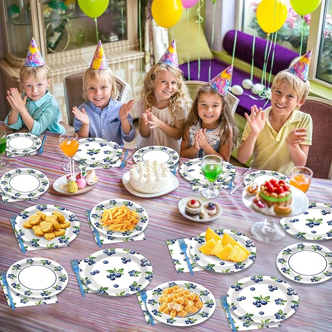 Wiooffen 96 Pcs Blueberry Party Plates Napkins Tableware Set Blueberry Baby Shower Supplies Summer Happy Birthday Disposable Dinnerware Berry Themed Decoration Favors for Spring Party, 24 Guests