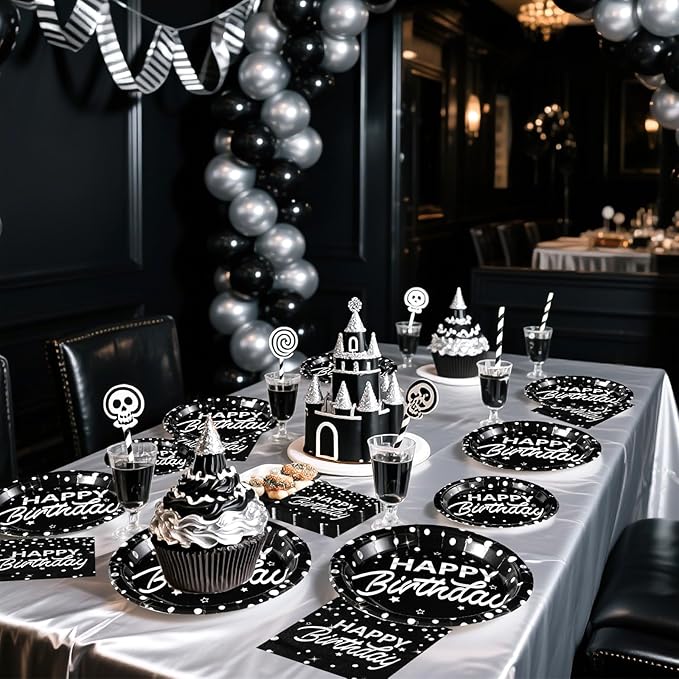 Grencian 96Pcs Black and Silver Birthday Party Decorations Silver Polka Dots on Black Paper Plates and Napkins Disposable Tableware for Women Men Birthday Party Graduation Decorations 2026 Serve 24