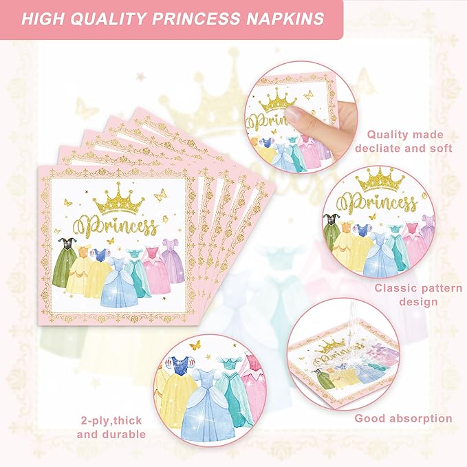 120PCS Princess Birthday Party Supplies Princess Themed Birthday Party Decorations for Baby Girls Babyshower Sweet Fairytale Tableware Set Dessert Plates Napkins Cups Set for 20 Guests