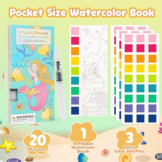 JCREN Watercolor Painting Books, Pocket Watercolor Painting Coloring Kit, Paint with Water Bookmarks Travel Activity Party Favors for Kids Toddlers Gifts for Boys and Girls