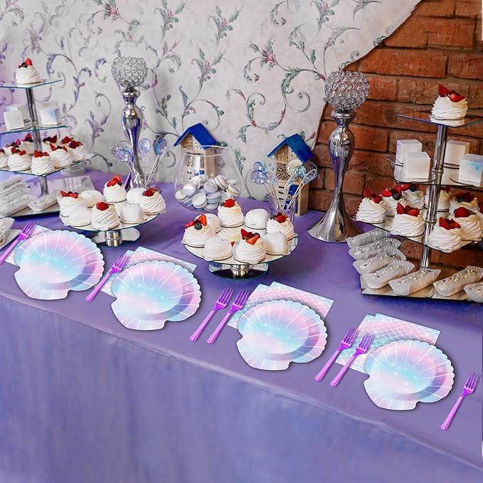 ZOIIWA 96 Pieces Mermaids Themed Party Decorations Mini Under the Sea Tableware for Girls Clam Shell Dessert Plates Napkins Forks for 24 Guests Birthday Party Favors