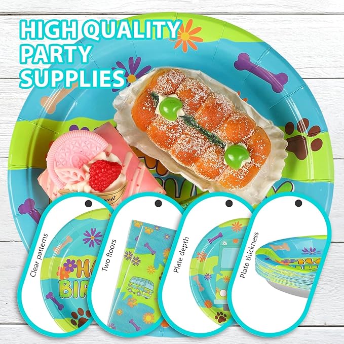 Grencian 96Pcs Mysterious Dog Birthday Party Supplies Blue Green Dog Plates and Napkins Carton Dogs Paw Tableware Set for Kids Birthday Baby Shower Party Supplies