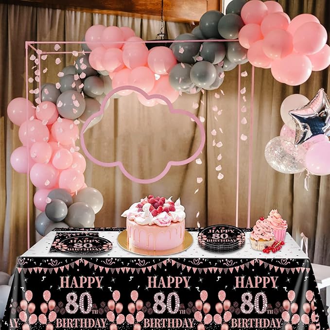 41Pcs 80th Birthday Decorations for Women, Vintage 80 Birthday Black and Rose Gold Disposable Paper Plates and Napkins Party Supplies for 20 Guests, 41Pcs Include 7" Plates Napkins and Tablecloth